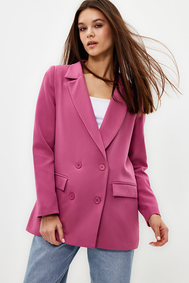 Różowa marynarka tkana z podwójną podszewką i zapinaniem na regularne guziki TWOAW21CE0264 - 3