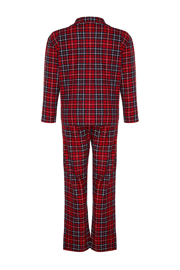 Kırmızı Ekoseli Gömlek Yaka Yumuşak Tuşe Örme Pijama Takımı TBBAW24AI00033 - 9