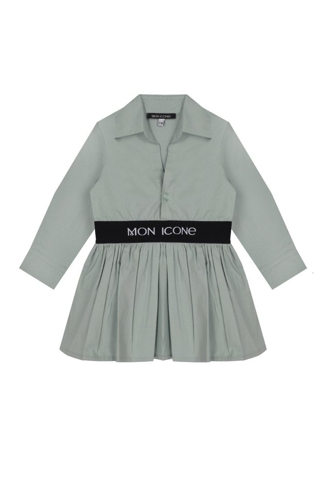 Girl's Organic Cotton Green Standard Fit Shirt Collar Elastic Mini Dress