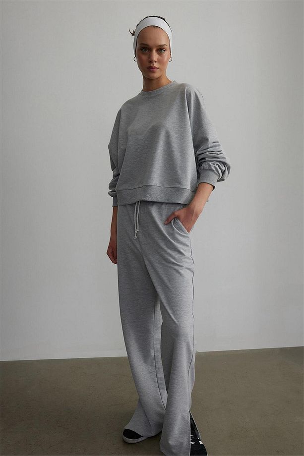 Gri Wide Leg Yırtmaçlı Eşofman Altı - 6