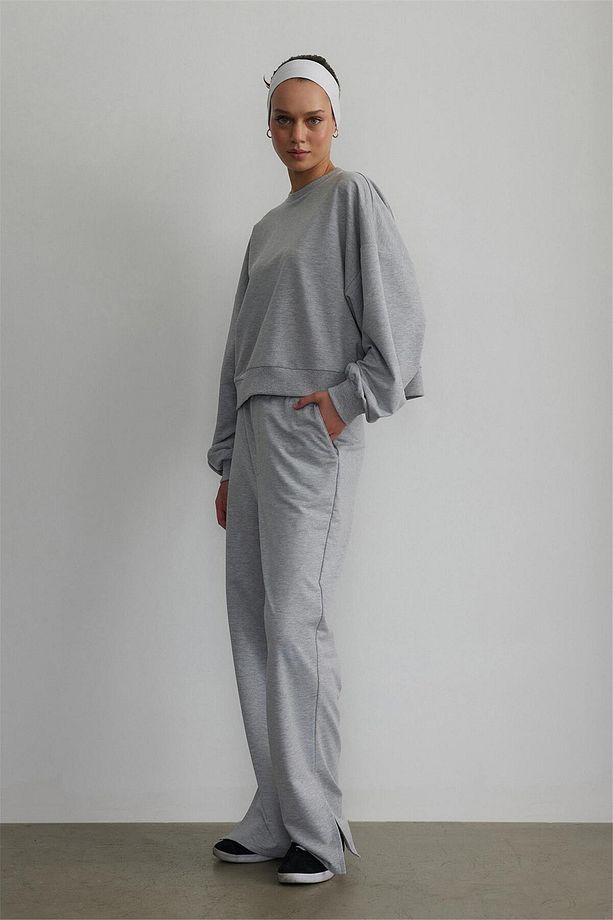 Gri Wide Leg Yırtmaçlı Eşofman Altı - 3