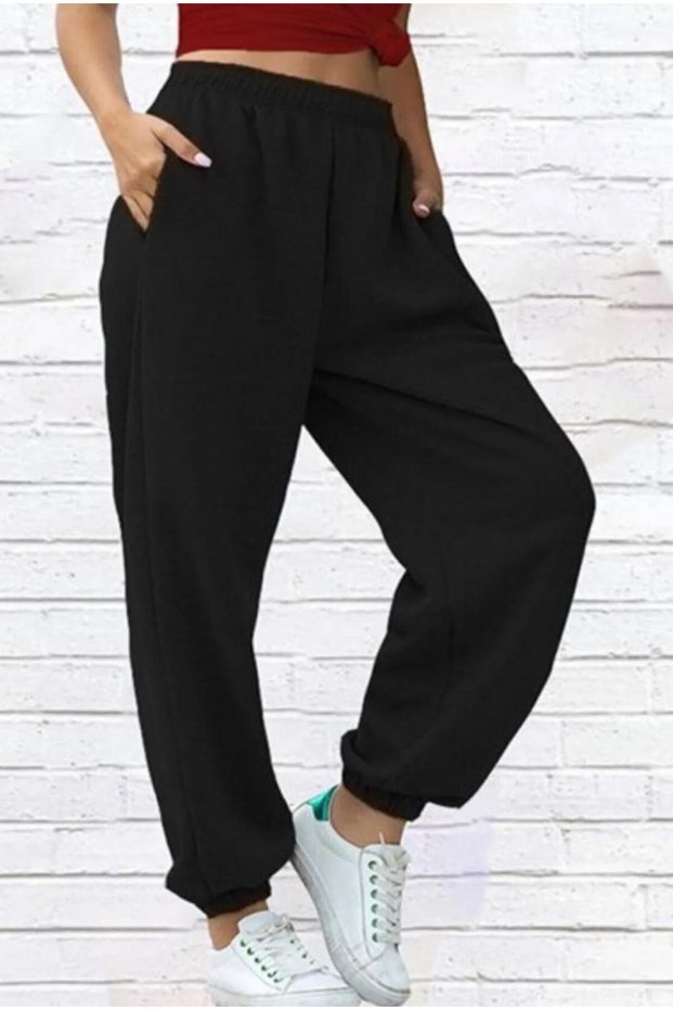 Women's High Waist Black Elastic Waist and Leg Pocket Tracksuit Jogger