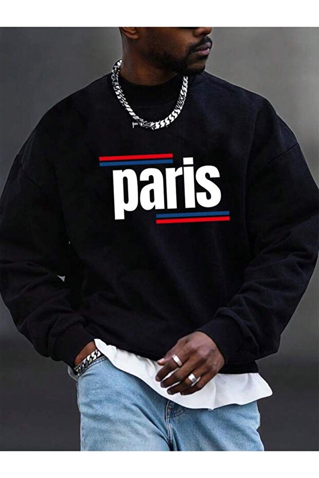 Men's Oversize Paris Printed Black Crew Neck Sweatshirt