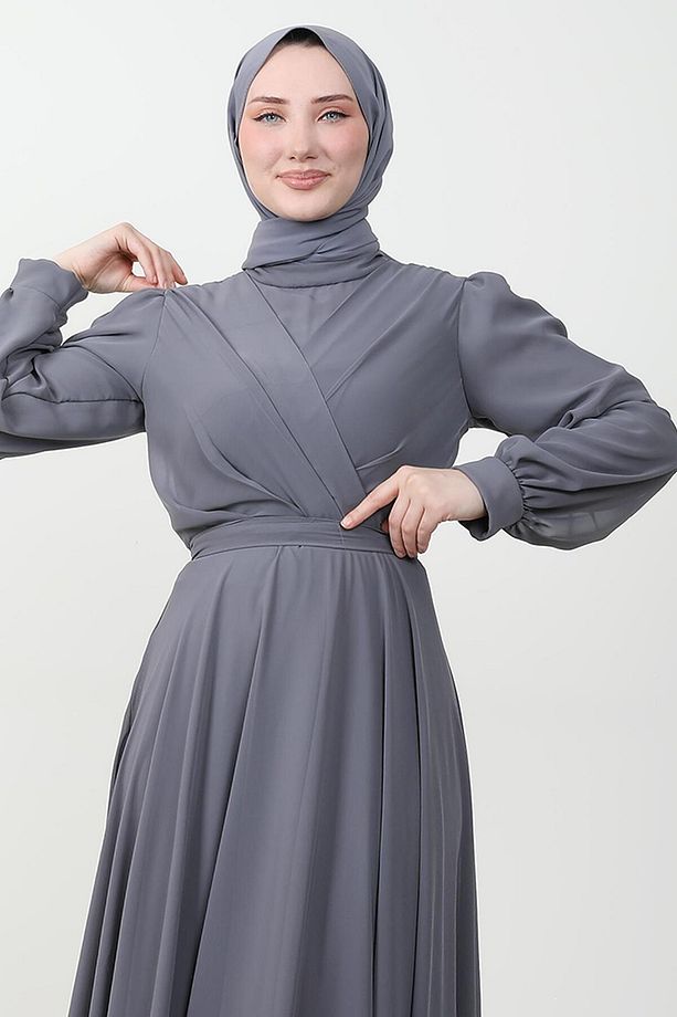 Önü Çapraz Şifon Elbise Gri - 5