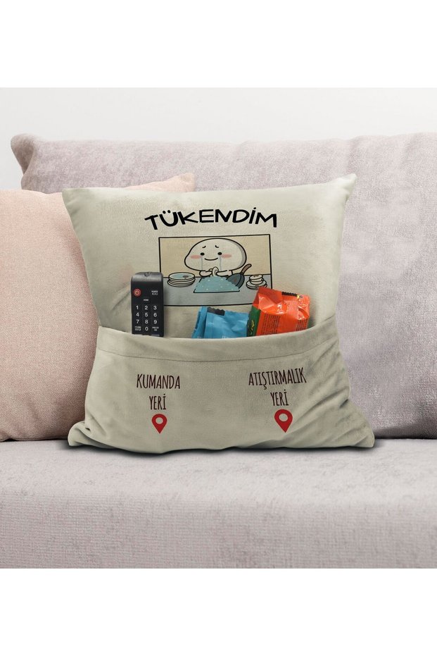 Fun Designed Organizer with Remote Control and Snack Pocket Cream Throw Pillow - 3, Home Decor