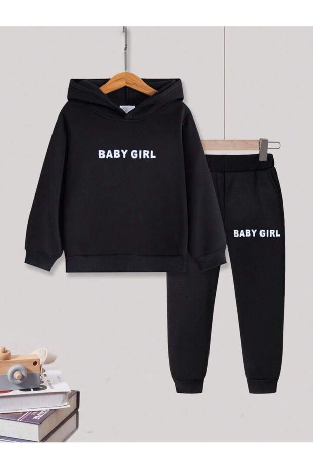 Girl's Hooded Baby Girl Printed Black Tracksuit Set