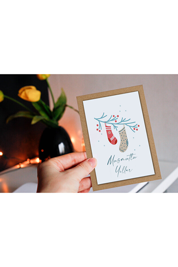 New Year Themed Kraft Card Postcard Set (15x10 cm 6 Pieces + 6 Envelopes)