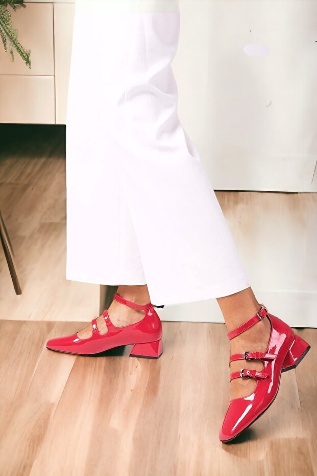Burgundy Patent leather Leather Square Toe Heeled Casual Shoes