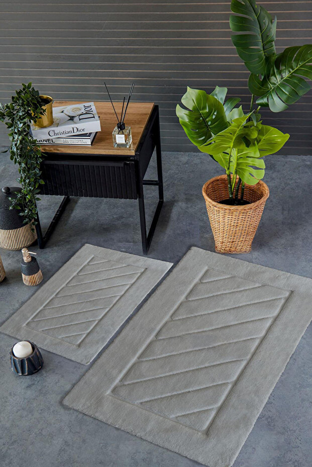 HCW Cross Gray 100% Cotton Viscose 2 Piece Bathroom Mat Set 40*60+60*100 cm