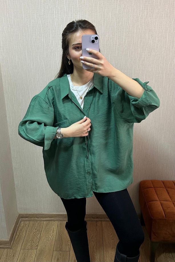 KADIN OVERSIZE SALAŞ TEK CEPLİ GÖMLEK ZÜMRÜT - 1