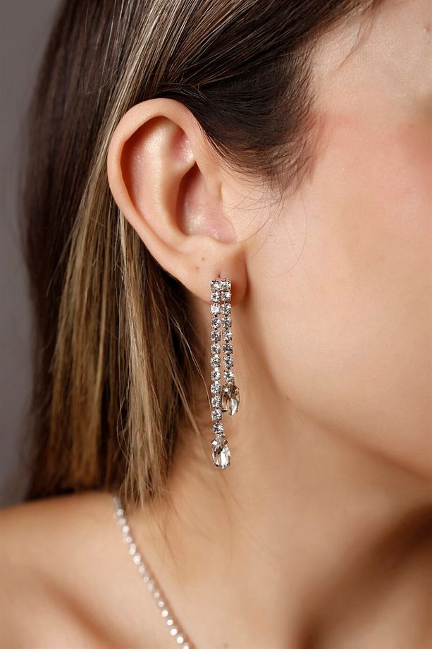 Gümüş Kaplama Zirkon Taşlı Rhinestone Su Yolu Kolye Küpe Seti Gelin Seti Parti Davet Seti - 5