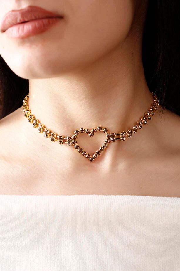 Gold Love 3' lü Set Kalp Choker Kalp Küpe ve Kapl Halhal Su Yolu Seti Aşk Seti Kolye Küpe Halhal Set - 3