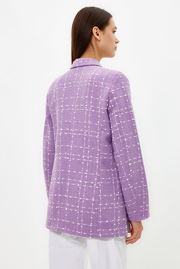 Lila Oversize Dokuma Ekose Blazer Ceket TWOAW21CE0105 - 6