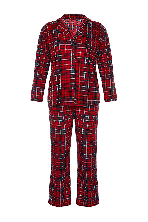 Kırmızı Ekoseli Gömlek Yaka Yumuşak Tuşe Örme Pijama Takımı TBBAW24AI00033 - 8