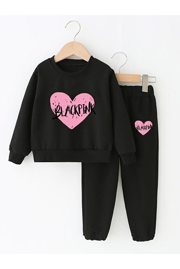 Blacpink Heart Printed Black Girl's Tracksuit Set Bottom Top Tracksuit Set