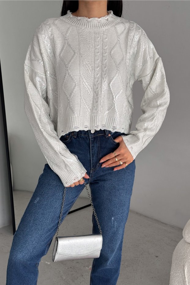 Standard Silver Leaf Ripped Detailed Knitwear Sweater