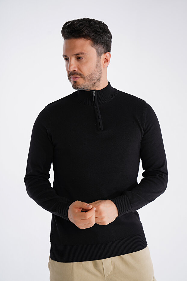 Dark Gray Men's Cotton Zippered Stand Collar Knitwear Sweater