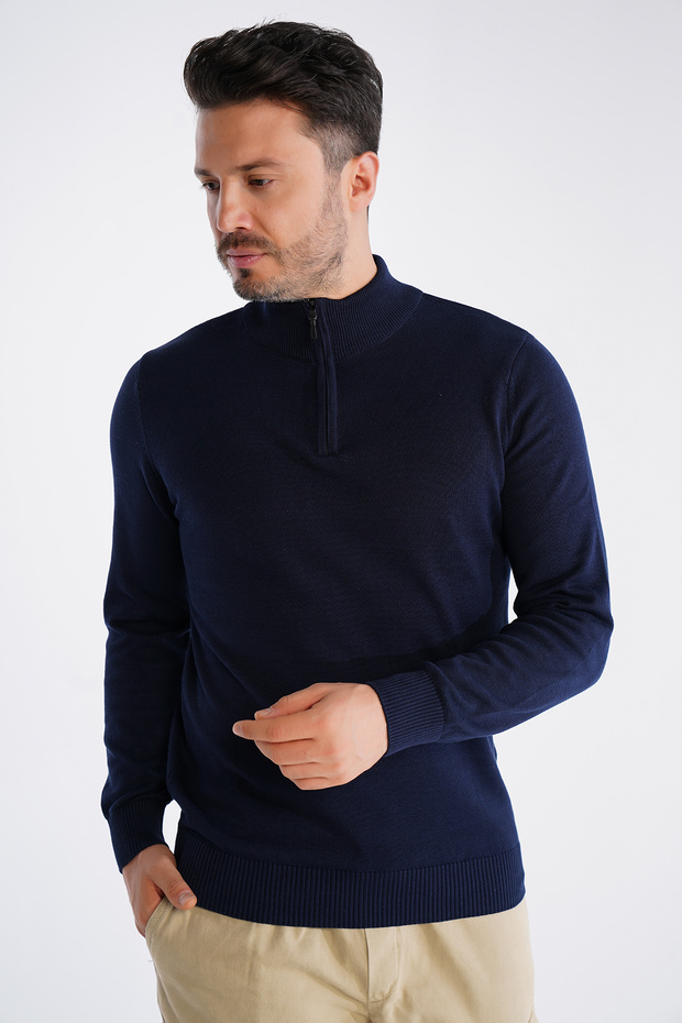 Navy Blue Men's 100% Cotton Zippered Stand Collar Knitwear Sweater