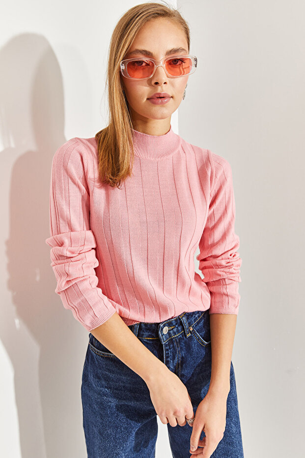 Women's Pink Turtleneck Ribbed Knitwear Sweater Stk0014