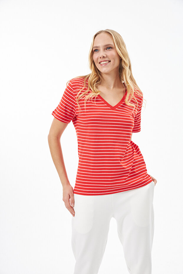 100% Organic Cotton V-Neck Striped T-shirt Red/white