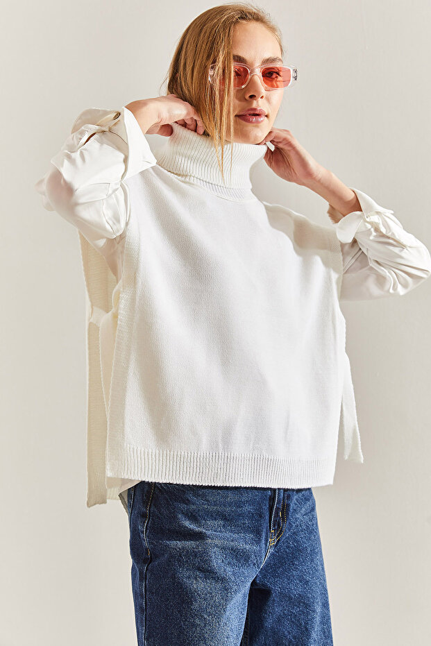 Women's Ecru Turtleneck Belted Knitwear Sweater Stk0016