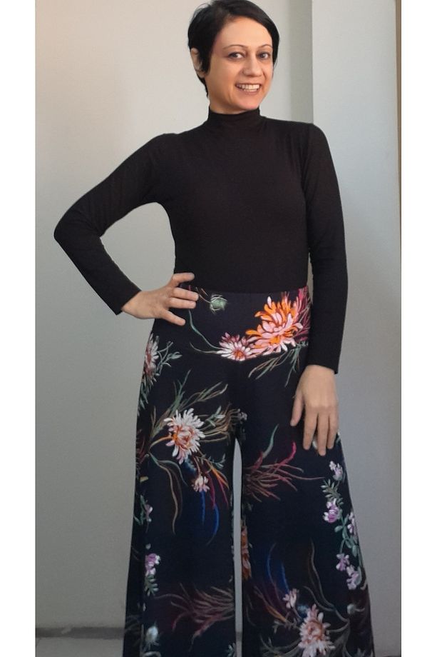 Siyah çiçekli Beli lastikli bol paça çelik örme pantolon etek - 3