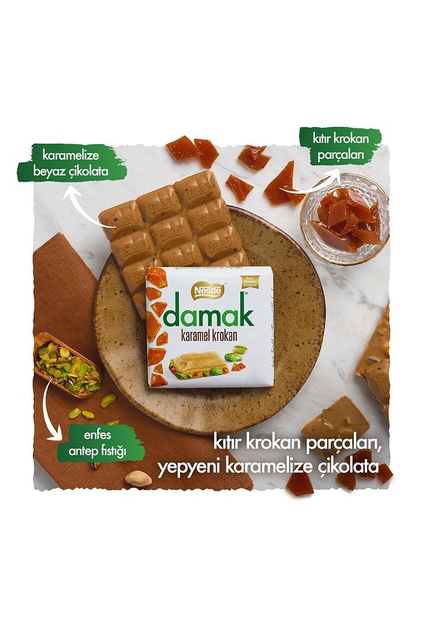 Damak Karamel Krokan Antep Fıstıklı Çikolata Kare 60 Gr - 1