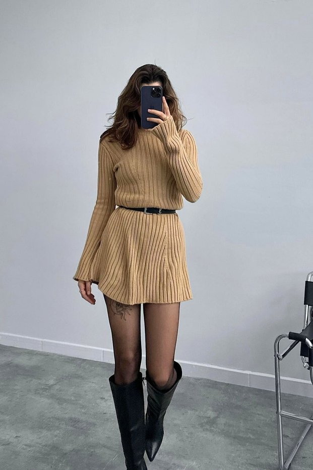 women's camel mini length knitwear ribbed dress bell skirt pinterest crew neck