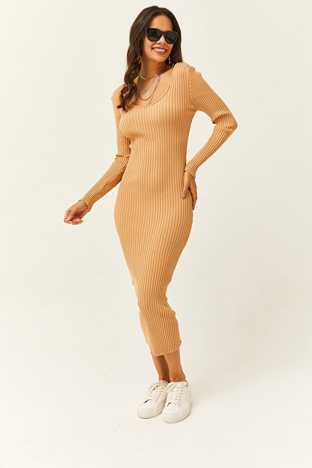 Kadın Camel Geniş Yaka Fitilli Esnek Midi Triko Elbise ELB-19002005 - 3
