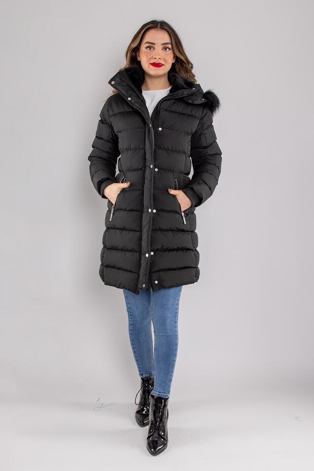 Veronika Hooded Zippered Long Puffer Coat with Snap Fasteners