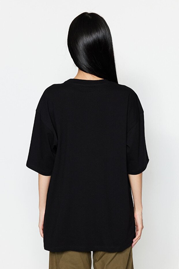 Siyah %100 Kalın Pamuklu Oversize/Geniş Kalıp Bisiklet Yaka Örme T-Shirt TWOSS23TS00040 - 20