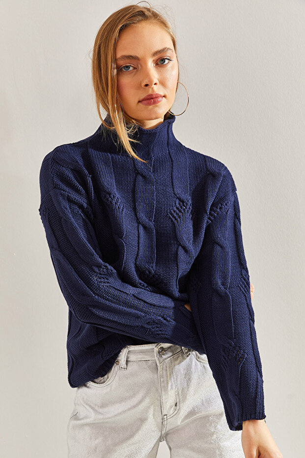 Women's Navy Blue Half Turtleneck Hair Knit Patterned Knitwear Sweater 20234525