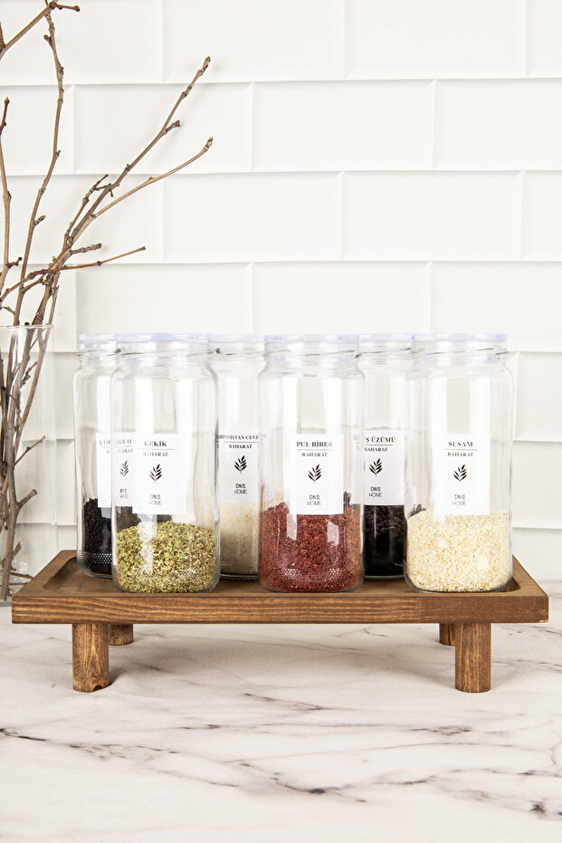 6-Piece Glass Spice Rack Set with Transparent Lid Wooden Stand Storage Container Spice Rack with Label 500 ml
