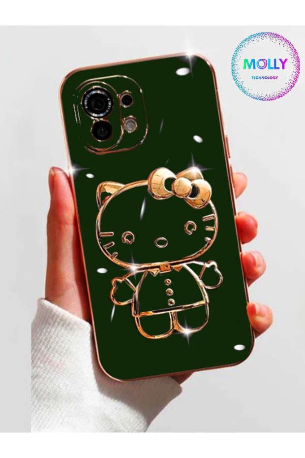 Dark Green Hello Kitty Stand Edge Gold Detailed Luxury Silicone Case for Xiaomi Mi 11 Lite