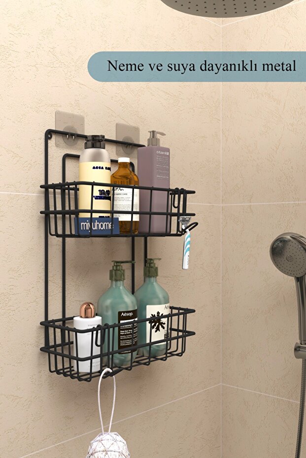Adhesive 2 Tiers Shower Shelf Bathroom Organizer Basket with Hooks Stainless Shampoo Holder Hanging Without Punching