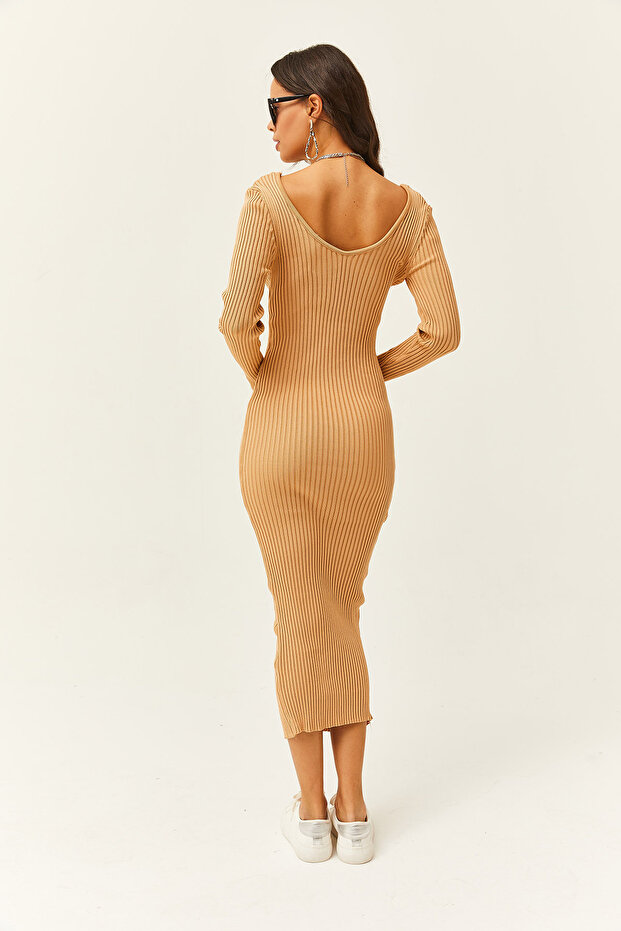 Kadın Camel Geniş Yaka Fitilli Esnek Midi Triko Elbise ELB-19002005 - 5