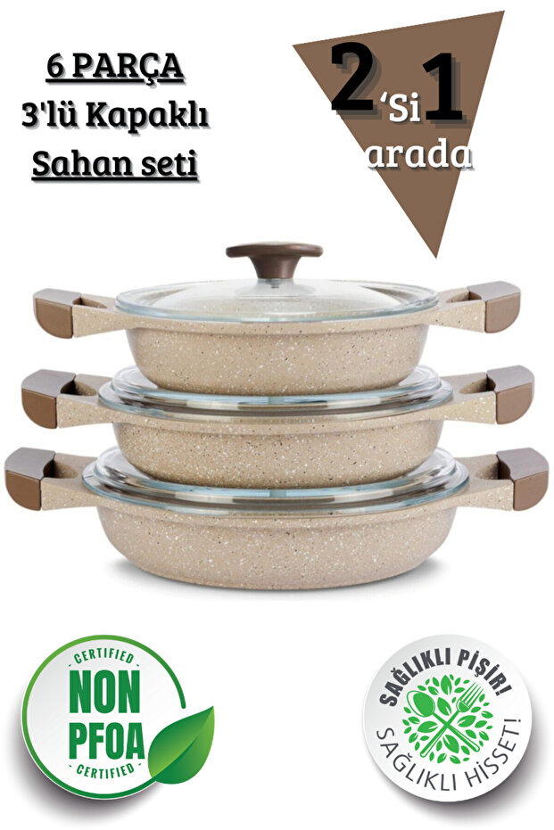 2'si 1'arada Set Aluminium Döküm Vizon 3'lü Sahan Seti ve 3'lü Tava Seti - 3