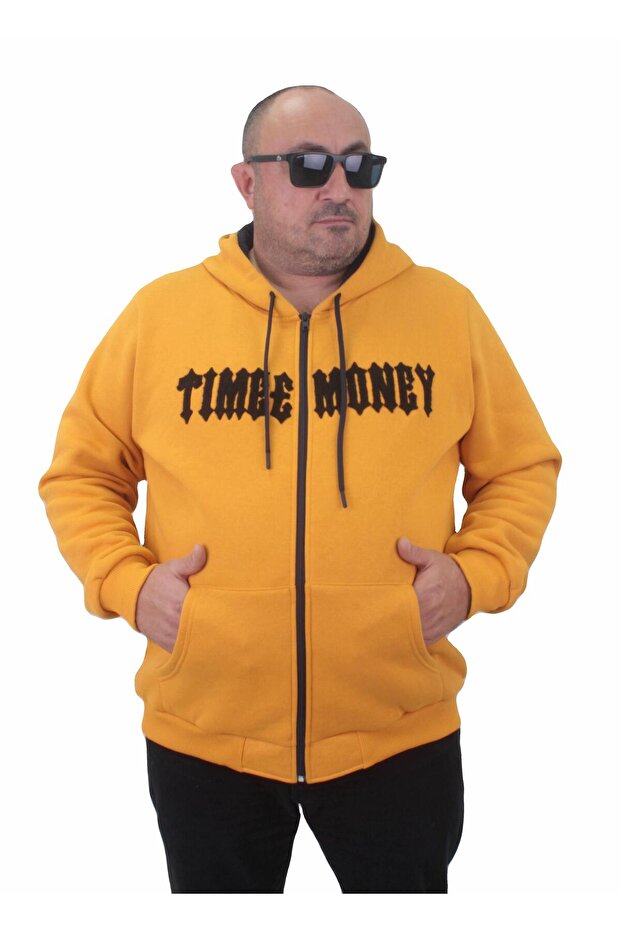 Zippered Hoodie Large Size Sweat Time Money 23218 MUSTARD