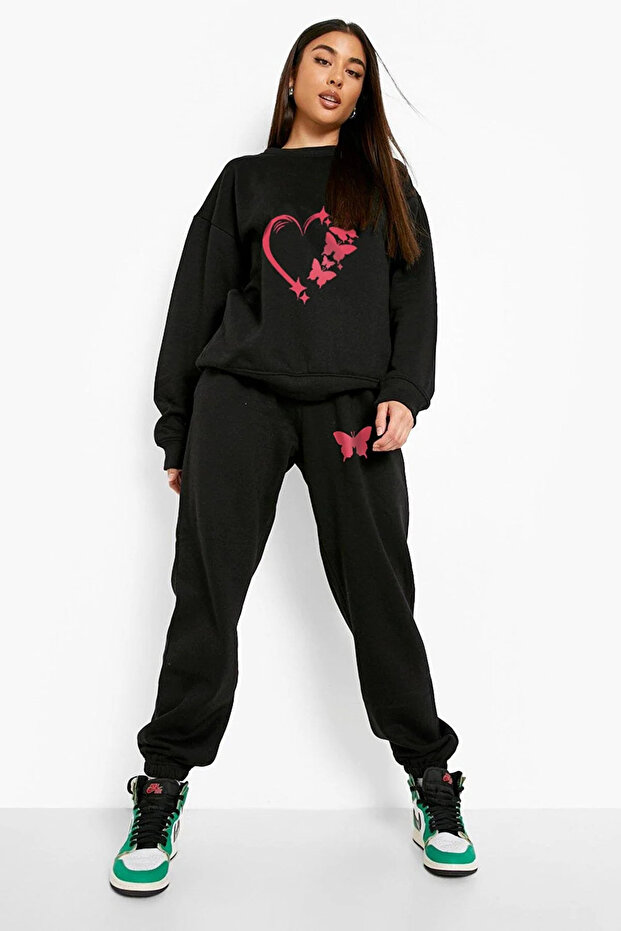 Women's Butterfly Heart Printed Sweatshirt Bottom Top Tracksuit Set