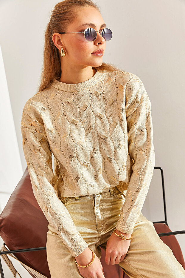 Women's Cream Patterned Knitwear Sweater 20234177
