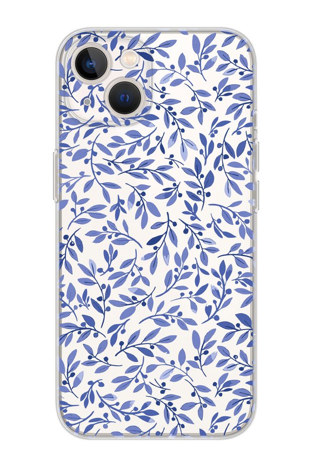 Premium Transparent Phone Case with Blue Leaves Design for iPhone 15