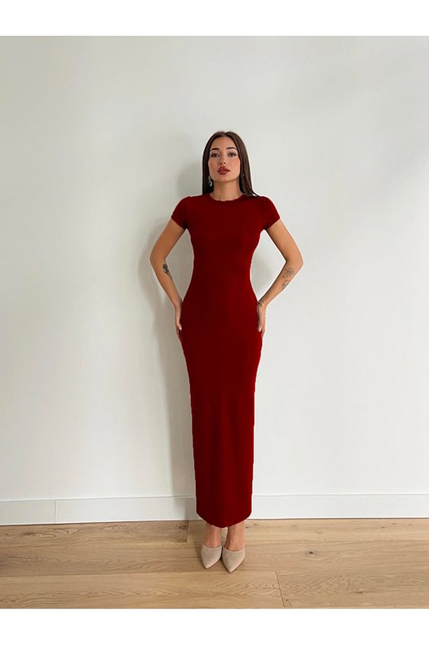 Kadın Bordo Renk Bisiklet Yaka Kısa Kol Fitilli Kaşkorse Kumaş Kalem Elbise Boy 135 Cm - 1