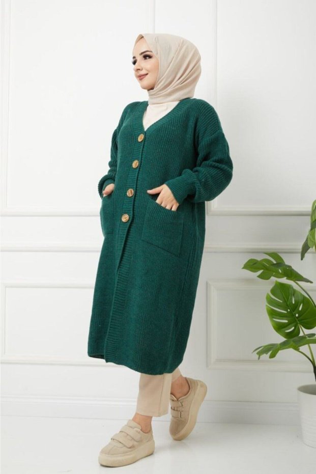 Women's Buttoned Green Knitwear Loose Cardigan with Pockets