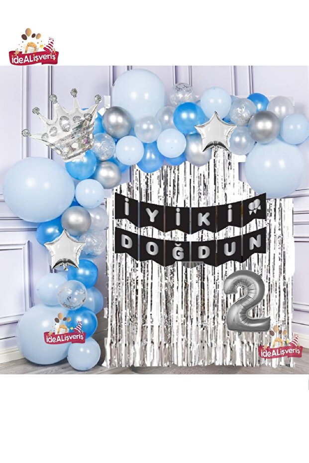 Silver Blue Concept Starry King Crowned 2 Year Old Balloon Chain Birthday Set Happy Birthday