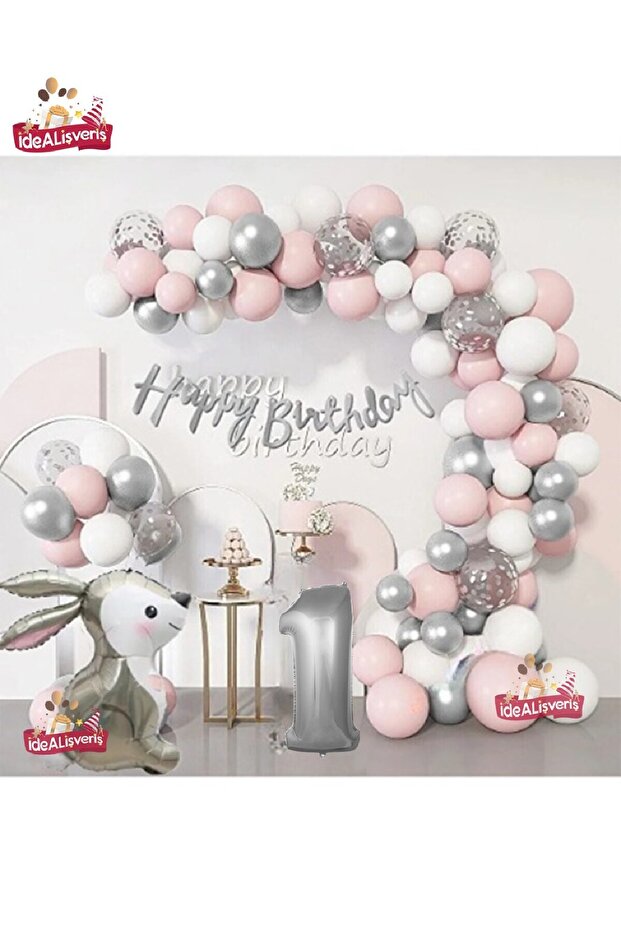 SILVER PINK LUXURY 1 YEAR OLD RABBIT FOIL BIRTHDAY DECORATION BIRTHDAY PARTY BALLON CHAIN SET