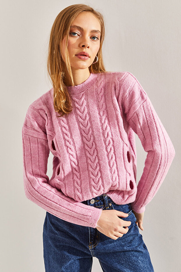 Women's Pink Hair Braided Patterned Knitwear Sweater 20234258