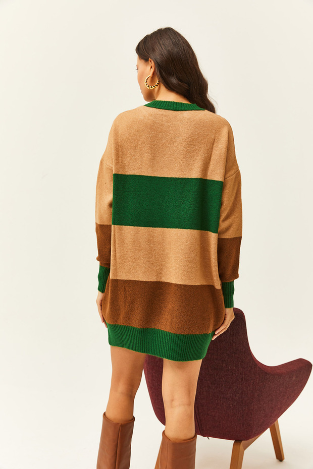 Kadın Camel Renkli Şeritli Yumuşak Dokulu Mini Tunik Elbise ELB-19002004 - 5