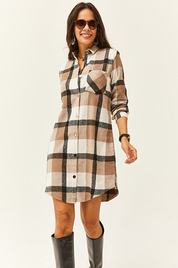 Women's Black Gray Lumberjack Thick Plaid Tunic Dress ELB-19000836