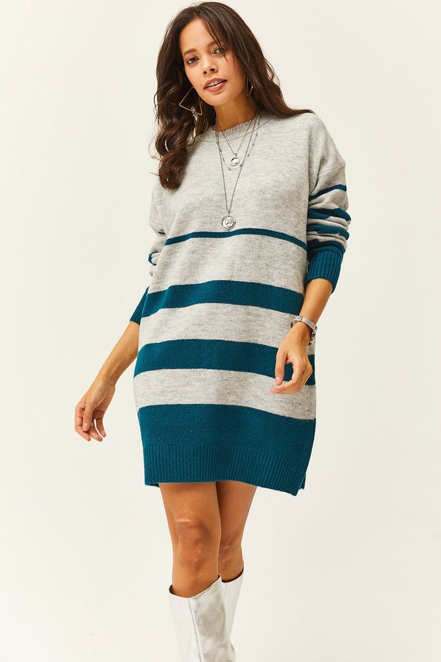 Women's Gray Six Stripes Soft Textured Knitwear Tunic Dress ELB-19001984