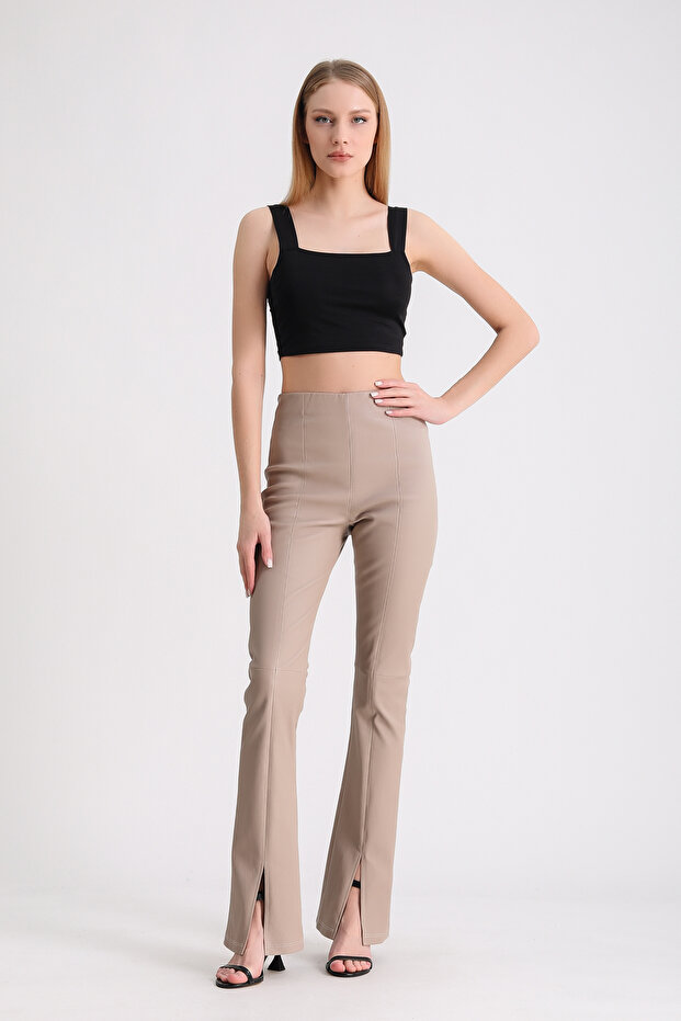 Cream Slit Detailed Leather Trousers